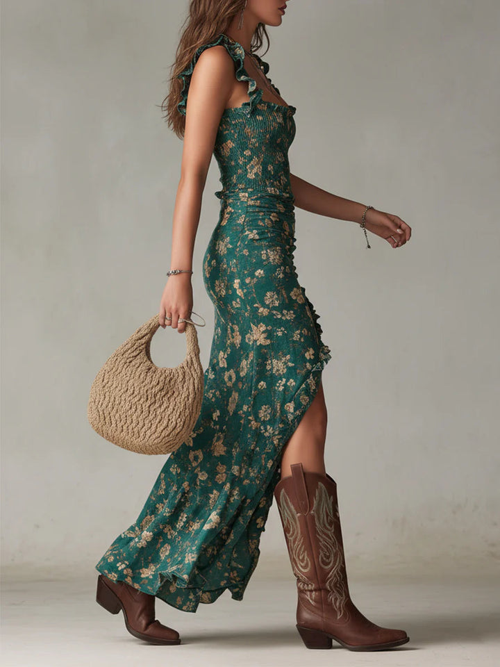Boho | Abito lungo stampato verde bohémien
