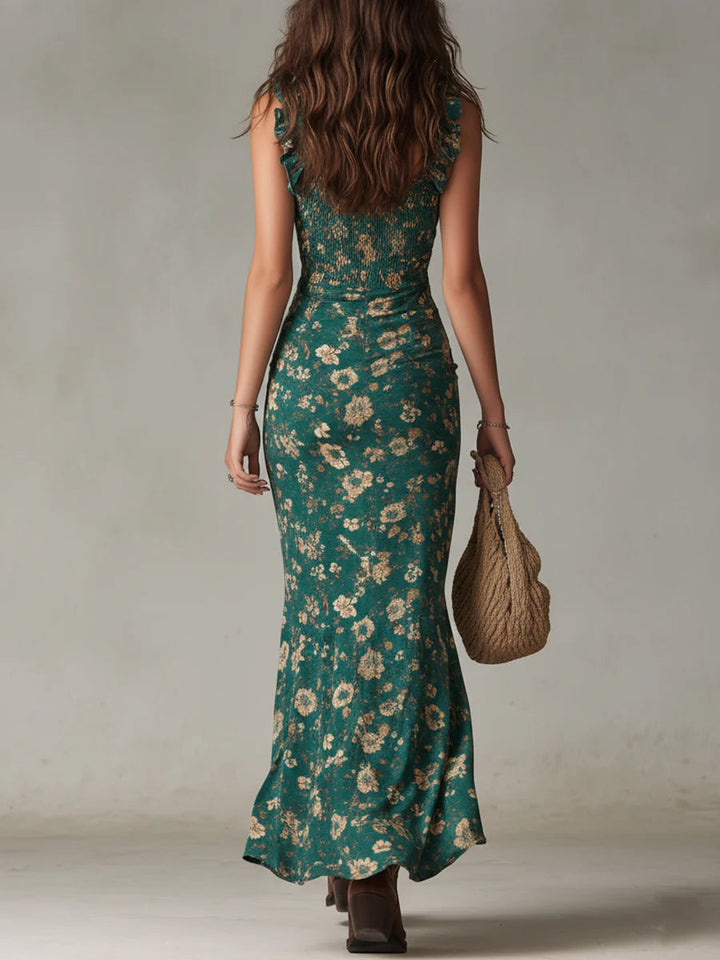 Boho | Abito lungo stampato verde bohémien