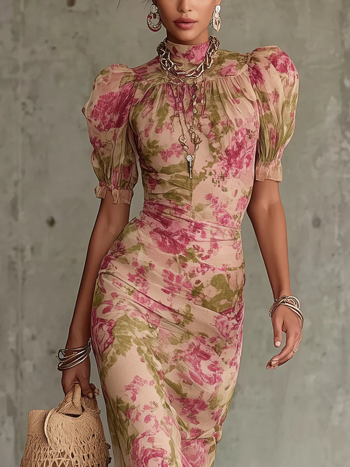 Abito lungo con stampa rose vintage e maniche a sbuffo (accessori non inclusi)
