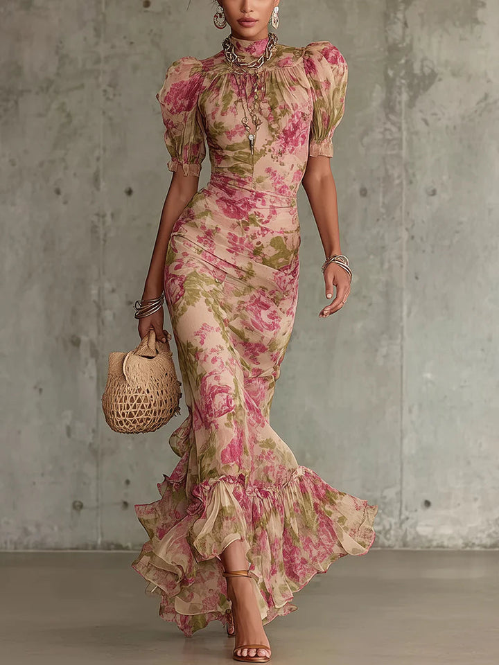 Abito lungo con stampa rose vintage e maniche a sbuffo (accessori non inclusi)