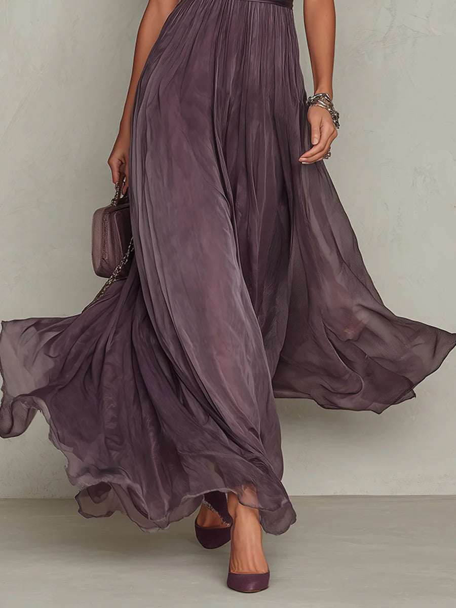 Abito lungo con scollo a goccia viola e bordi in pizzo di chiffon
