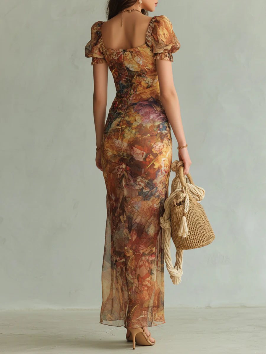 Abito lungo in chiffon con stampa a olio “Orange Bohemian Holiday”