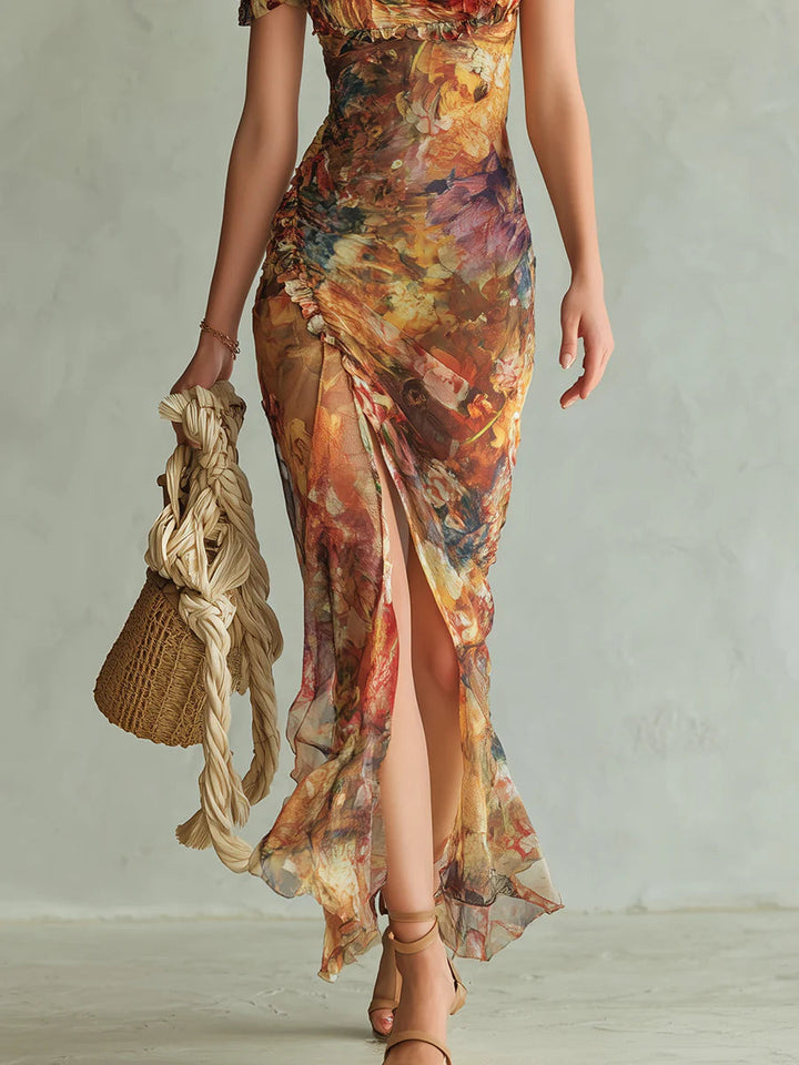 Abito lungo in chiffon con stampa a olio “Orange Bohemian Holiday”
