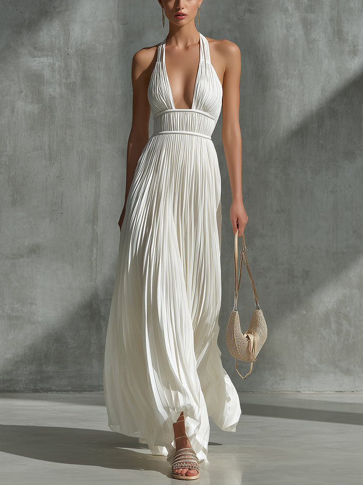 Whitnney | Abito in chiffon bianco con pieghe e scollo all’americana