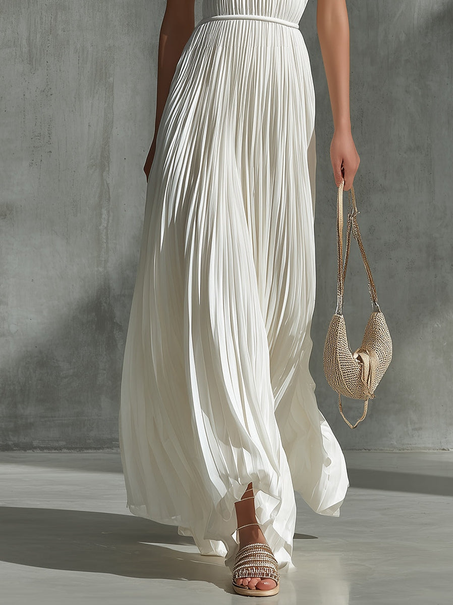 Whitnney | Abito in chiffon bianco con pieghe e scollo all’americana